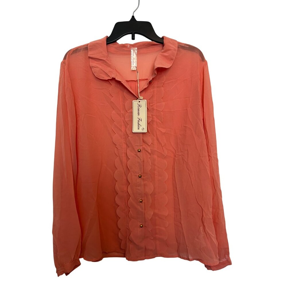 Roman Fashion Sheer Long Sleeve Womens Button-Up Blouse 1X Coral Polyester